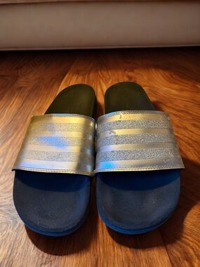 Silver Glitter Stripe Adidas Sandals | Casual Sparkle Slip-On Slides